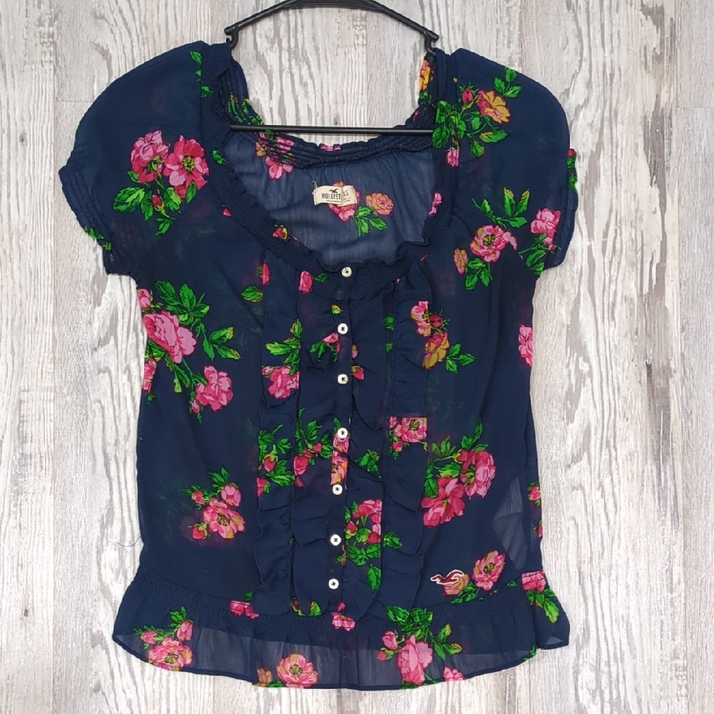 Hollister Floral Navy Blouse with Pink Accents